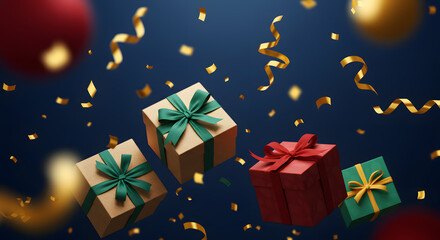 Generative AI illustration of festive golden confetti falling around beautifully wrapped birthday gifts on a deep blue background.