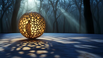 Fototapeta premium Glowing Sphere in Misty Forest with Sunlight and Shadow Patterns