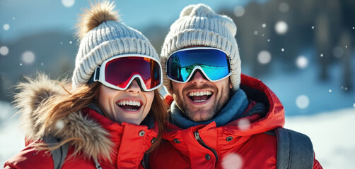 Happy couple smiles, ready enjoy winter ski resort activities. Winter holiday vacation in snowy mountain landscape. People wearing snow goggles. Man and woman at ski resort. Snowflakes background.