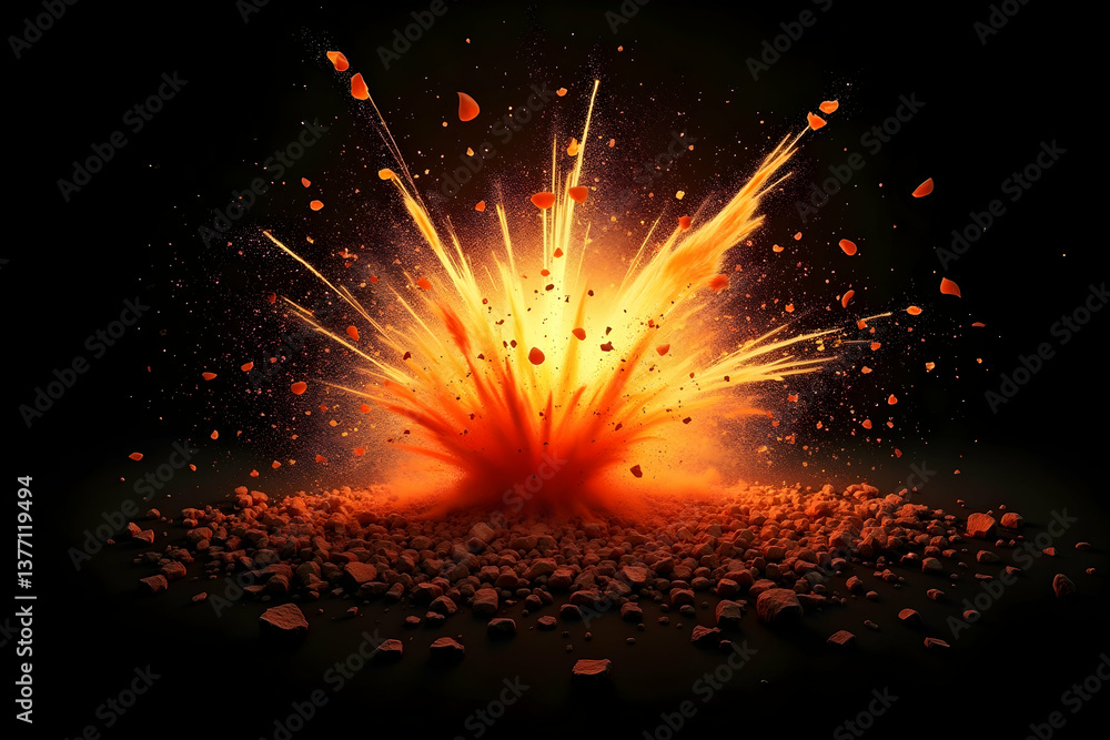 Poster energetic orange explosion with vibrant particles against isolation, radiating power, perfect for il