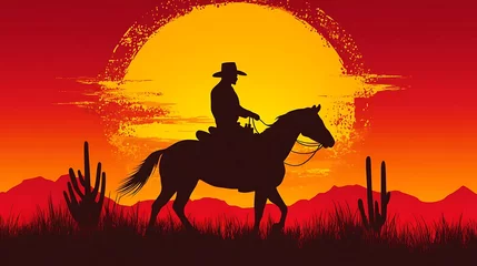 Canvas schilderij Rood Cowboy sunset horseback ride desert.  © MASJAB