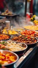 Street food stalls, steaming dishes, market scene