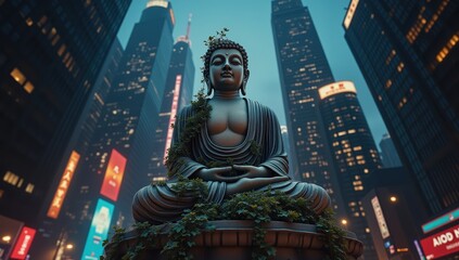 Serene Buddha Statue Amidst Urban Skyscrapers and Neon Lights