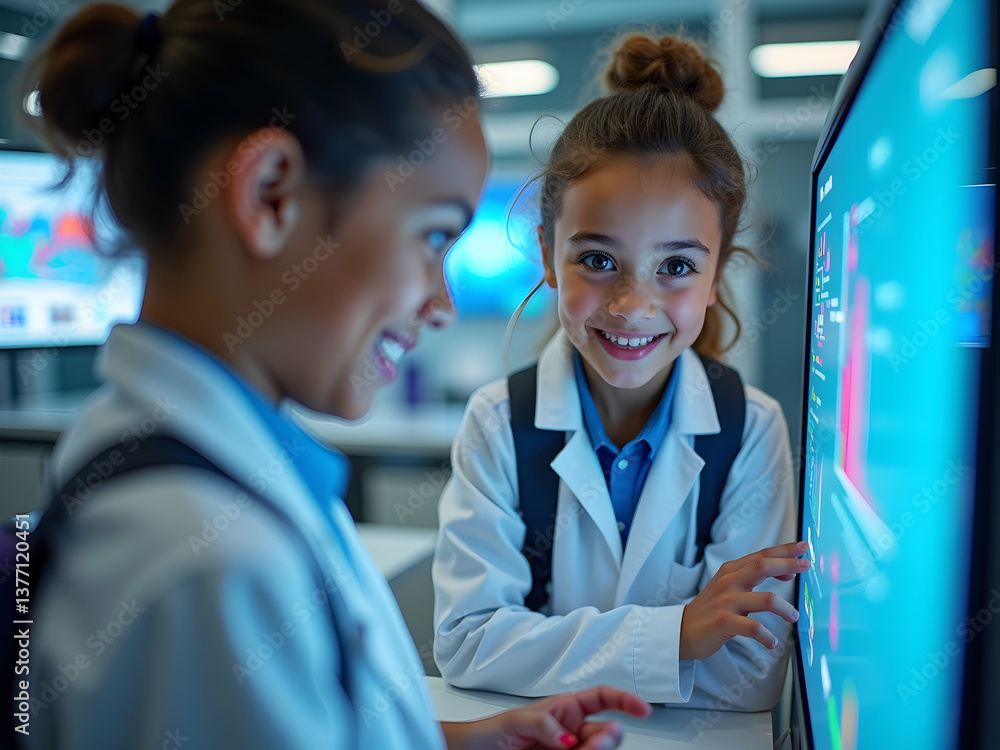 Poster enthusiastic young students engaging with a hi tech interactive screen displaying data in a modern e