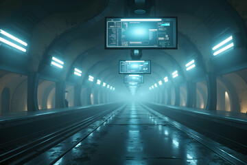 Naklejka premium Envisioning Tomorrow, A Mesmerizing Glimpse into a Dreamlike Futuristic Train Station with Cutting-Edge Technology and Serene Ambiance, Captivating the Imagination