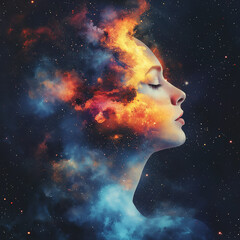 Obraz premium A woman's serene face merges with a vibrant cosmic nebula, a breathtaking portrait of inner peace and celestial harmony in fiery, dreamy hues.