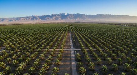Obraz premium Aerial View of Date Palm Tree Plantation with Mountain Backdrop