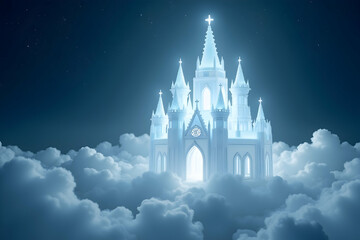 Fototapeta premium Ethereal Cathedral in the Clouds, A Shimmering Structure of Faith and Fantasy Illuminated by Starlight, a beacon of hope and inspiration for spiritual journeys