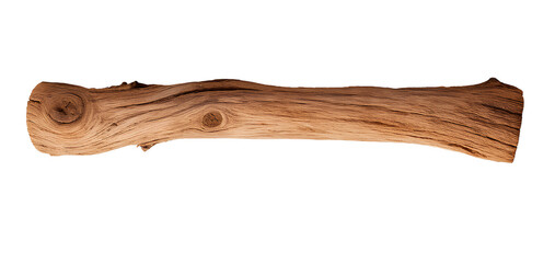 A dry wooden log with knots and cracks placed horizontally on a transparent background.
