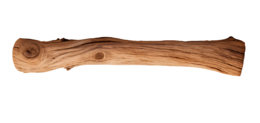 A dry wooden log with knots and cracks placed horizontally on a transparent background.