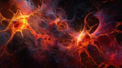 Intricate fiery neuronal network visualization, Medical  showcasing complex connections and cellular structure against a dark backdrop, simulating a microscopic cellular landscape.