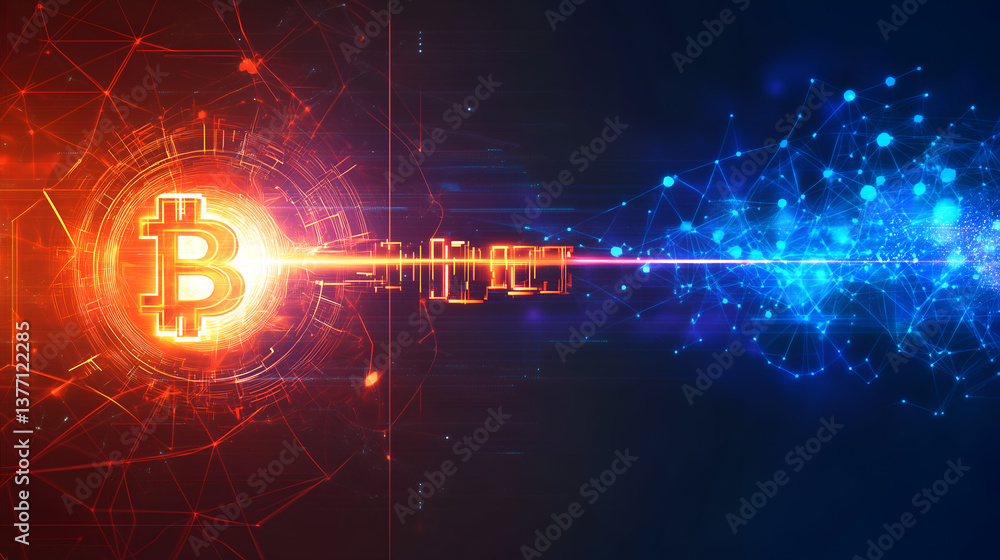 Poster an abstract image of a bitcoin symbol in a dynamic digital setting, with the symbol's glowing effect