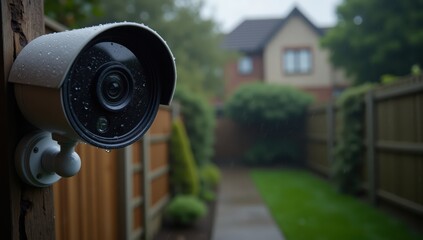Waterproof Outdoor Security Camera Close-Up with Rain Droplets