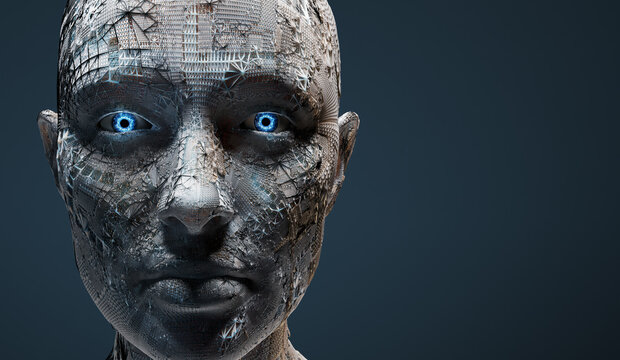 Android or robot face close up
