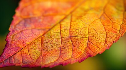 Close-up of a vibrant autumn leaf, showcasing intricate veins and a mix of warm autumn colors.