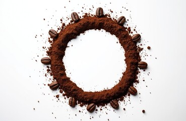 Circle made from coffee grounds, decorated with coffee beans. Brown powder ring on white backdrop. Concept for coffee, cafe, drinks menu design breakfast beverage. Isolated design element for cafe,