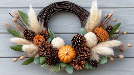 Autumnal Wreath with Dried Flowers and Pumpkin on Rustic Wood