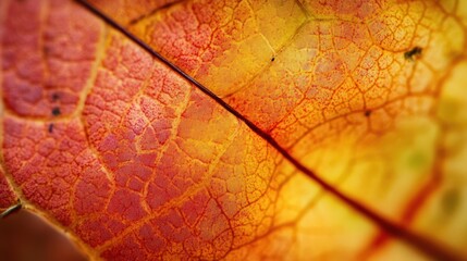 Fototapeta premium Close-up of a vibrant autumn leaf, showcasing intricate veins and textures.