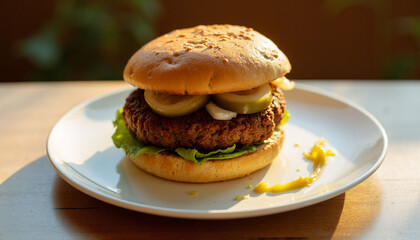 Seitan burger with pickles and onions on white plate, evening flavor