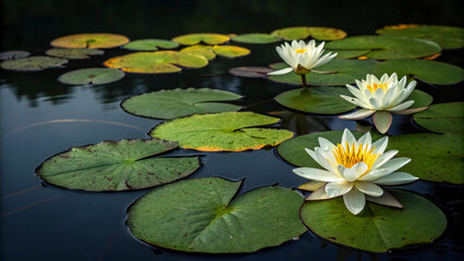 Blooming Water Lilies Rest Peacefully on a Serene Pond