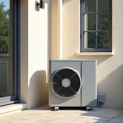 Modern air source heat pump installed outside house. Eco-friendly system provides home heating cooling solution. Sustainable energy tech for residential climate control.