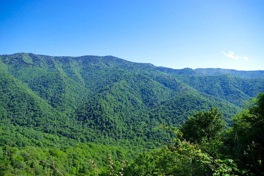 Green ridges in Great Smoky Mountains under blue sky