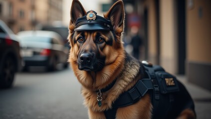 Confident German Shepherd Dog in Police Uniform with Badge