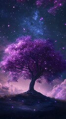 Magical Purple Tree Under a Starry Night Sky