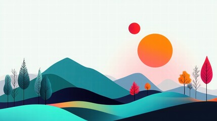 Vibrant Abstract Landscape with Mountains, Sun, and Colorful Trees