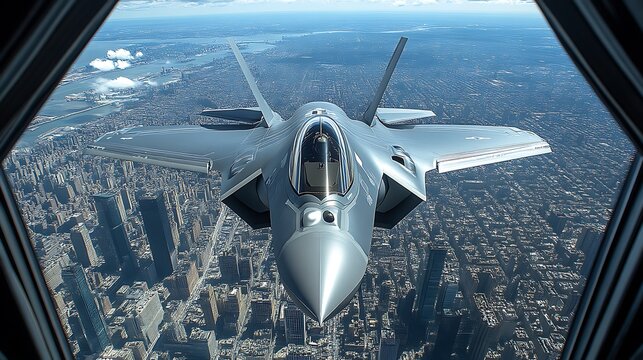 Fototapeta F-35 Fighter Jet Flying Over New York City, Seen From Cockpit
