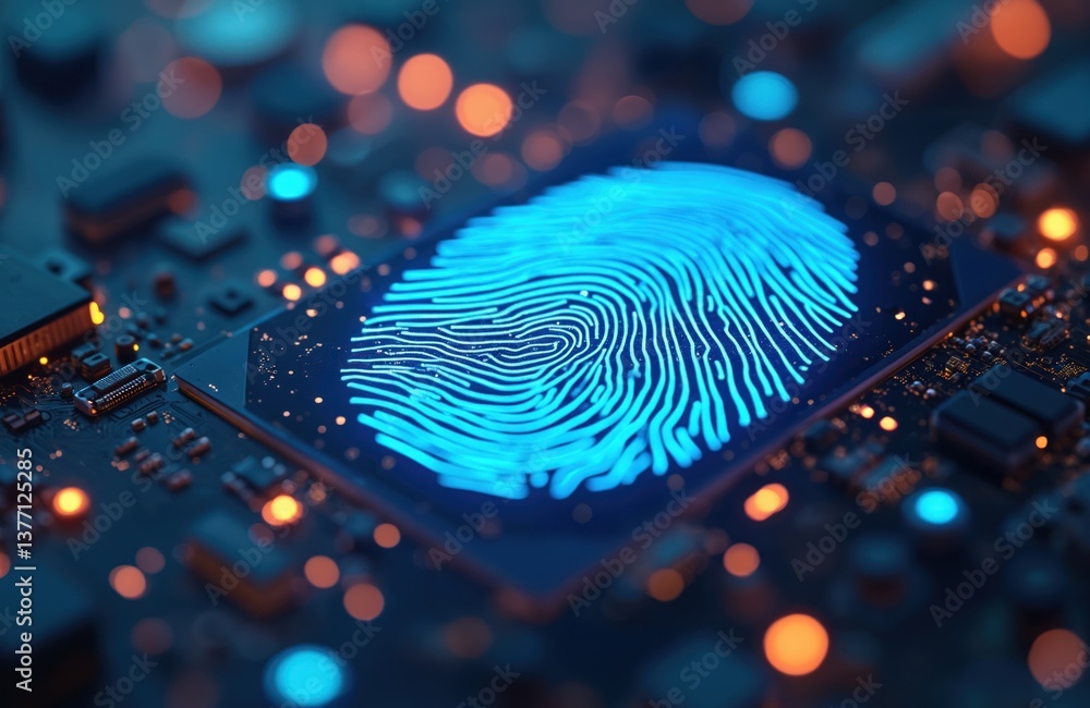 Poster futuristic tech, biometric authentication with fingerprint scan. digital identity, cybersecurity, da