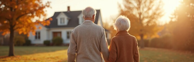 Elderly couple moves. Man and woman walk towards their new home holding hands. Concept relocation, community, retirement, downsizing. Moving house, mortgage, real estate concept, autumn