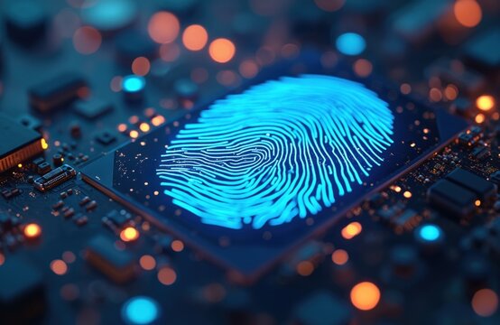 Futuristic tech, biometric authentication with fingerprint scan. Digital identity, cybersecurity, data protection concept, online access, secure authorization, privacy, encryption.