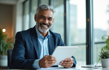 Fototapeta premium Happy Indian businessman CEO using tablet computer in office. Smiling mature pro male looking at camera. Corporate environment. Modern workplace. Digital device for work.