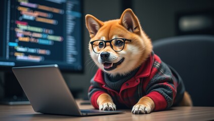 Playful Shiba Inu in Glasses Working on a Laptop with Code Display