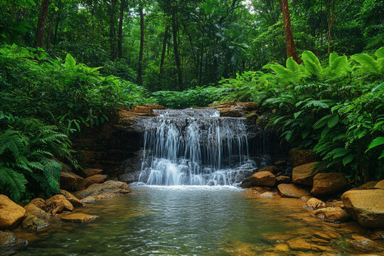 A forest clearing with a small waterfall cascading down a rocky outcrop into a serene pool surrounded by lush vegetation.