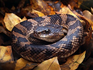 Obraz premium Coiled Snake Resting in Fallen Leaves with Brown and Black Scales