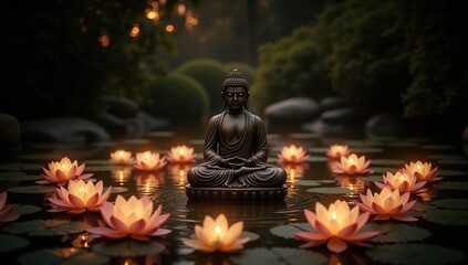 Serene Buddha Statue Surrounded by Floating Lanterns in Lotus Pond