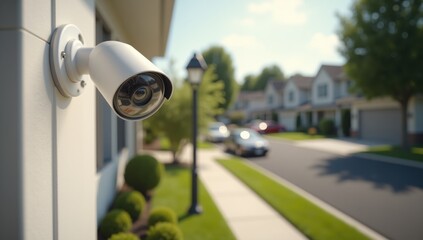 Security Camera Installed on Modern House Corner Facing Driveway