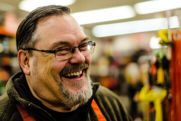 Happy Man Shopping for Tools in Home Improvement Store with Discounts