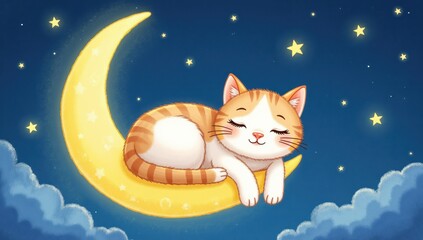 Fototapeta premium Sleepy Cat Curled Up on Crescent Moon Surrounded by Tiny Stars