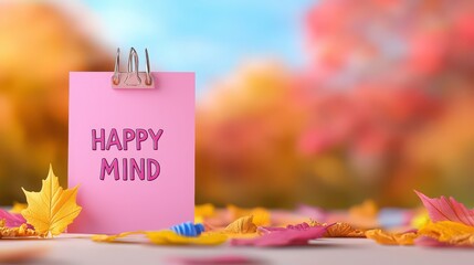A cheerful pink note saying 'HAPPY MIND' against a blurred autumn backdrop filled with colorful leaves.
