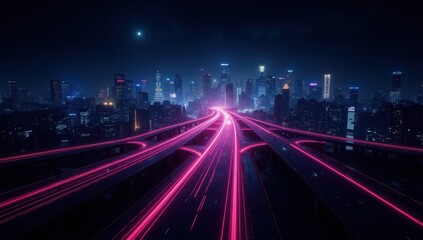 Futuristic Cyber Highway with Digital Data Streams in Neon Cityscape