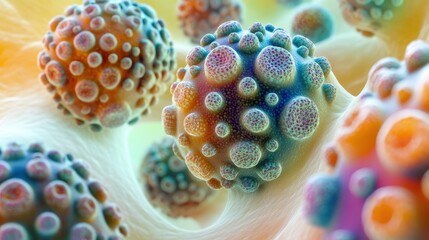 Microscopic View of Virus or Cells, Medical  CloseUp Render with Intricate Details, Featuring Round Structures, Colorful Tones, and a Soft Focus Effect