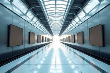 Fototapeta premium Futuristic and Sleek Train Station Bridge with Modern Design and Minimalist Aesthetic Featuring a Long Perspective and Clean Architectural Lines