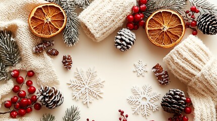 Obraz premium Cozy Winter Holiday Flatlay with Knitwear and Natural Elements