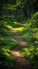 Fototapeta premium Sunlit Forest Path Winding Through Lush Greenery