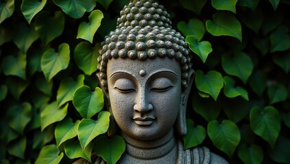 Serene Old Stone Buddha Statue Surrounded by Green Ivy Leaves