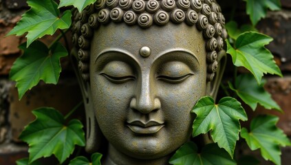 High Quality Close-Up of Old Stone Buddha Statue Surrounded by Ivy