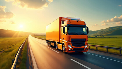 Orange truck drives on highway during sunset. Semi-truck transport cargo along asphalt road. Scenic landscape, green fields, mountains at dusk. Transportation, business, delivery concept.